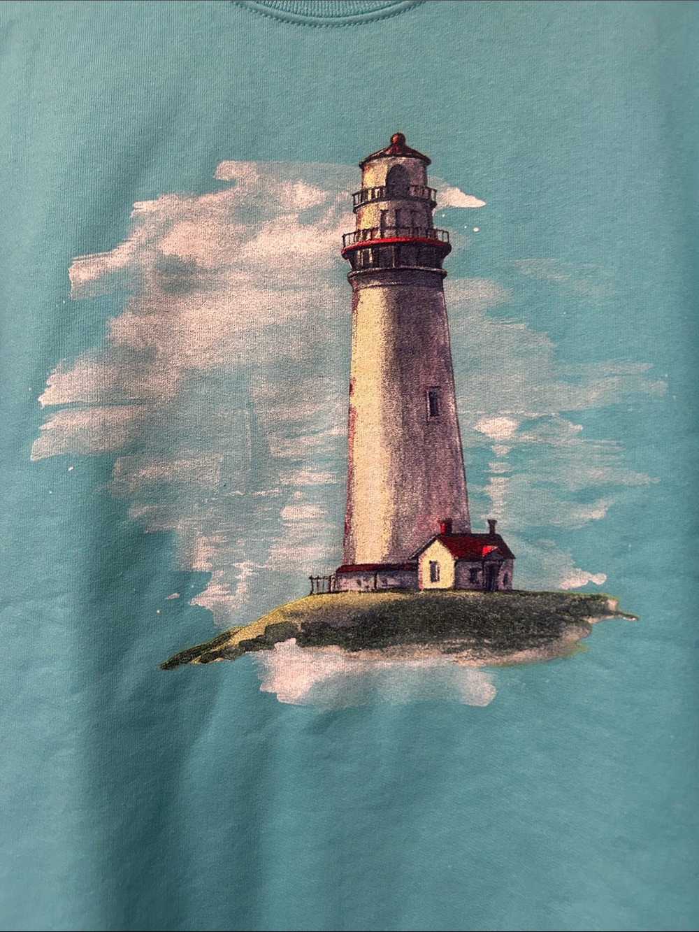 Aqua Blue Jerzees Nublend Plus New Lighthouse Clouds Graphic Sweatshirt LARGE - Picture 4 of 5